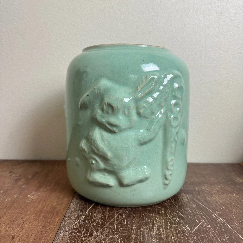 Vintage Mint Green Glazed Cookie Jar with Rabbit & Carrot NO LID farmhouse decor